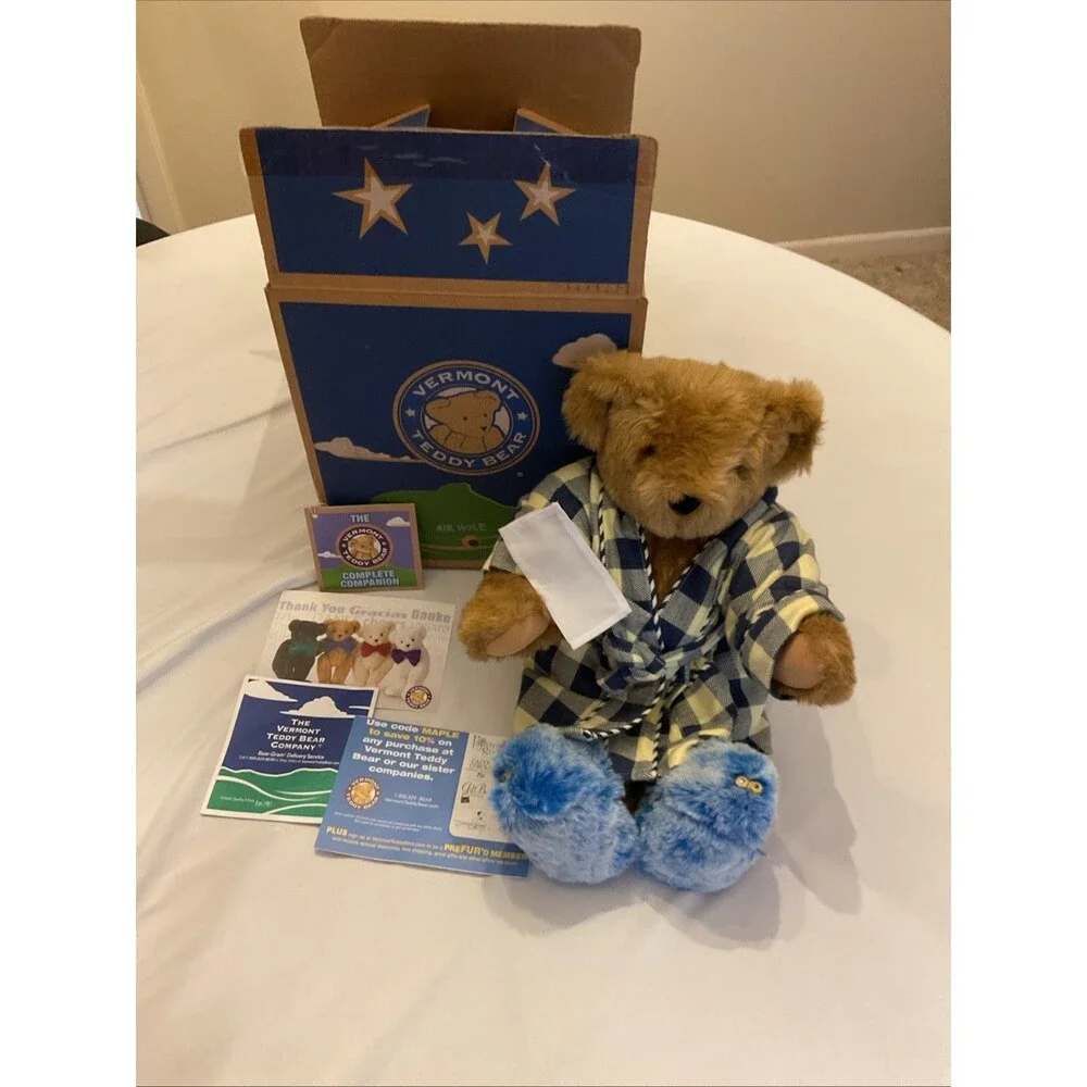 Vintage Vermont Teddy Bear Feel Better Bear  Articulated NIB W/Robe And Slippers